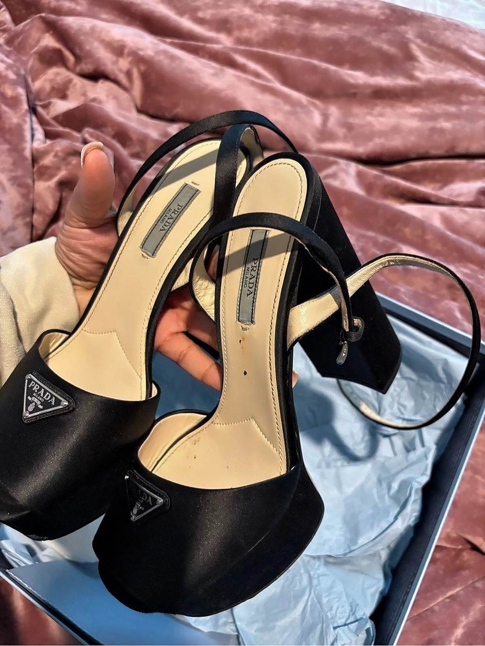 Prada Satin Platform Sandals Black Heels EU 38.5
